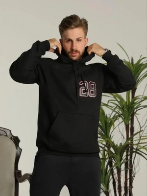 Efnaz Style Erkek Oversize Üç Iplik Kapüşonlu Sweatshirt –sırt ve Ön Baskılı, Kanguru Cepli, Rahat Kalıp Maskot Desenli Model - Siyah
