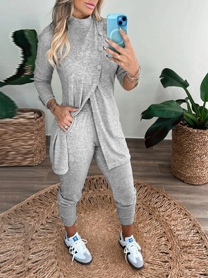 Efnaz Style Kadın Uzun Kollu Balıkçı Yaka önden Düğmeli Bluz Ve Pantolon Yumoş Ikili Takım