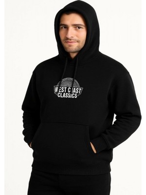 Efnaz Style Erkek Üç Iplik Kapüşonlu Ön ve Arka Baskılı Sweatshirt Hoodie - Siyah