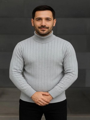 Efnaz Style Erkek Balıkcı Yaka Bağazlı Triko Kazak Pamuklu Kalın Fitilli Dokuma, Regular Fit Uzun Kollu Kışlık Model - Gri