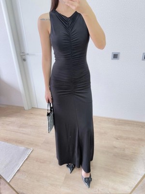 Efnaz Style Kolsuz Büzgülü Uzun Elbise - Siyah