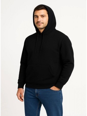 Efnaz Style Erkek Üç Iplik Kapüşonlu Kanguru Cepli Sweatshirt Hoodie - Siyah