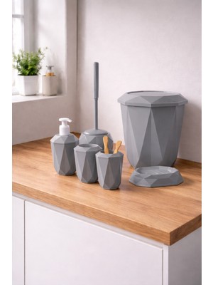 PremiumPort Şık Geometrik Desenli 5'li Banyo Seti, Çöp Kovası, Tuvalet Fırçası, Sabunluk, Diş Fırçalık