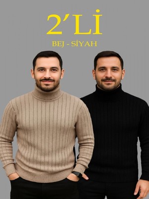 Efnaz Style Erkek Fitilli Triko Kazak 2li Set Bej Siyah Regular Balıkcı Yaka Tam Boğazlı Triko Seti Modeli Kazak