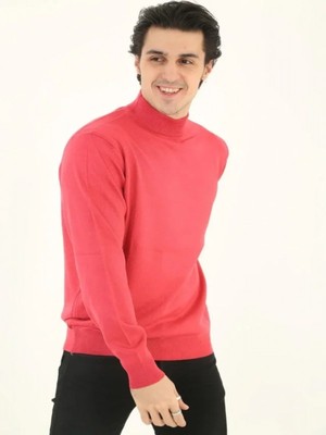 Efnaz Style Erkek Yarım Boğaz Triko Kazak Yumuşak Dokulu Pamuklu Ince Dokuma, Uzun Kollu Rahat Regular Kalıp - Pembe