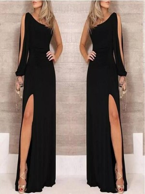 Efnaz Style Tek Omuz Açık Derin Yırtmaçlı Krep Tam Boy Elbise
