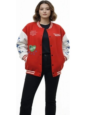 Efnaz Style Kırmızı Varsity Çıtçıtlı Baskılı Oversize Kalıp Kolej Ceket - Kırmızı