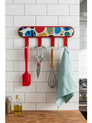 Özgürce Yapışkanlı Metal Anahtarlık, 4 Kanca, Desenli, Banyo ve Mutfak Kullanımı