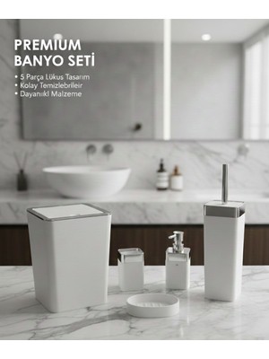 PremiumPort Modern Kare Tasarımlı Mat Banyo Seti – 5’li Çöp Kovası ve Fırça Takımı