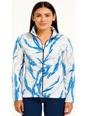 Efnaz Style Tam Fermuarlı Desenli Polar Sweat Lightning Desen Yakalı, Uzun Kollu, Oversize Rahat Kalıp - Beyaz