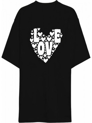 Efnaz Style Sevgililer Günü Için Özel Tasarım Love Kalp Baskılı T-Shirt - Siyah