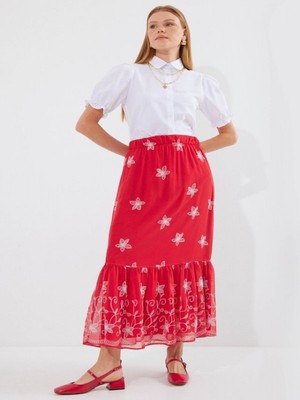 Efnaz Style 8010 Desenli Şifon Etek - A.kırmızı