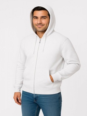 Efnaz Style Erkek Üç Iplik Kapüşonlu Tam Fermuarlı Kanguru Çepli Sweatshirt Hoodie - Beyaz