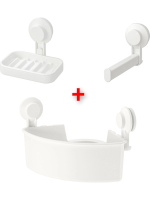 PremiumPort Pratik 3 Parça Vantuzlu Banyo Seti: Duş Sepeti, Sabunluk, Tuvalet Kağıtlığı