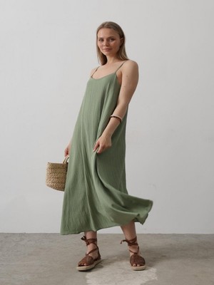 Efnaz Style Askılı Uzun Çan Elbise - Haki