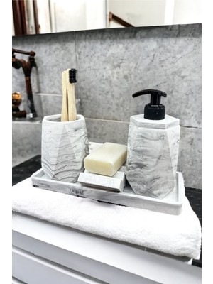 PremiumPort Mermer Desenli 4 Parça Beton Banyo Seti, Sabunluk, Diş Fırçalık, Tepsi