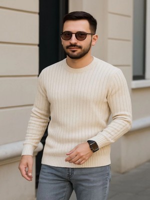 Efnaz Style Erkek Bisiklet Yuvarlak Yaka Triko Kazak Pamuklu Kalın Fitilli Dokuma, Regular Fit Uzun Kollu Kışlık Model - Bej