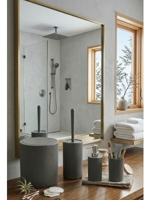 PremiumPort Banyo Seti, Bambu Desen, Siyah, Çöp Kovası, Fırçalık, Sabunluk, Sıvı Sabunluk