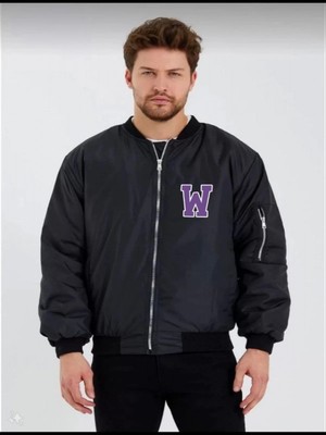 Efnaz Style Unisex Uzun Kol Baskılı Bomber Ceket - Siyah