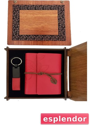 Özgürce Doğal Ahşap Kutuyla Şık Deri Defter ve Anahtarlık Seti