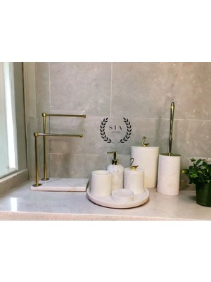 PremiumPort Doğal Mermer Beyaz Premium 8'li Banyo Seti, Şıklık ve Kaliteyi Bir Arada