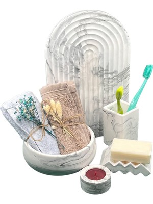 PremiumPort 5 Parça Beton Banyo Seti: Sabunluk, Havluluk, Diş Fırçalığı ve Mumluk