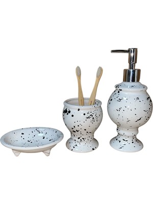 PremiumPort Şık Beyaz Dalmaçya Desenli 3 Parça Banyo Takımı