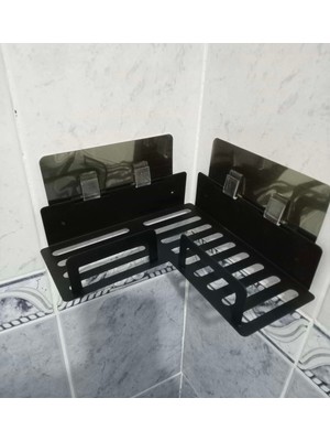 PremiumPort Mat Siyah Kendinden Yapışkanlı ve Vidalı Banyo Köşe Rafı