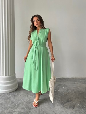 Efnaz Style Keten Elbise Kolsuz Bel Bağlamalı Maxi Elbise - Yeşil