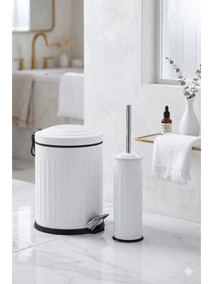 PremiumPort Retro 5l Banyo Seti Çöp Kovası ve Wc Fırçalık, Amortisörlü, Beyaz