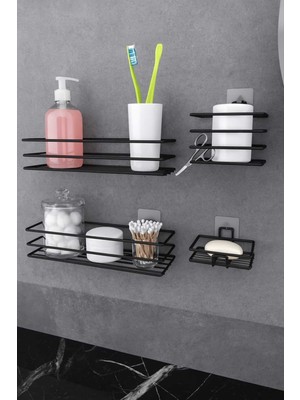 PremiumPort Paslanmaz Metal Banyo Seti, Raf, Sabunluk ve Diş Fırçalığı 4’lü