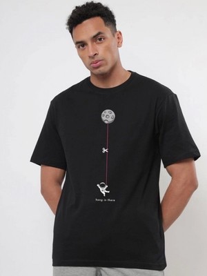 Efnaz Style Erkek Baskılı Oversize T-Shirt - Siyah