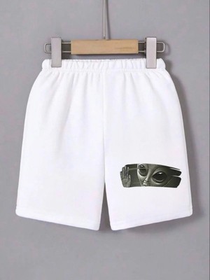 Efnaz Style Beli Lastikli Baskılı Mini Şort - Beyaz