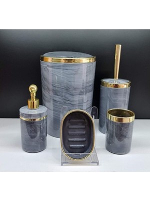 PremiumPort 5'li Akrilik Yuvarlak Banyo Seti Antrasit Gri Mermer ve Gold Detaylı
