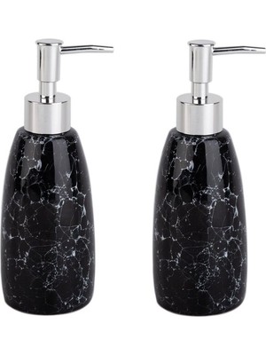 PremiumPort Mermer Desenli Siyah Banyo Seti, 2'li, Sabunluklar 8X8X17CM, 300ML