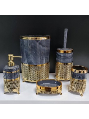 PremiumPort Şık 5 Parça Yuvarlak Akrilik Ferforje Kafes Banyo Seti Antrasit Mermer Gold