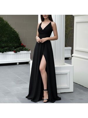 Cotton Lab Cottonlab Kadın Ip Askılı Derin Uzun Yırtmaç Detaylı Yerli Krep Uzun Elbise