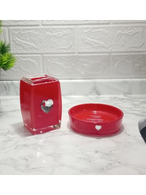 PremiumPort Iki Parça Kırmızı Kalpli Akrilik Banyo Seti, Şıklık ve Konfor Sunar