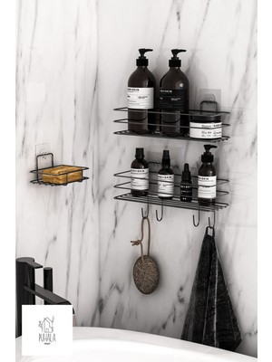PremiumPort Yapışkanlı 3’lü Banyo Seti, Raf, Şampuanlık ve Sabunluk, Pratik Kullanım