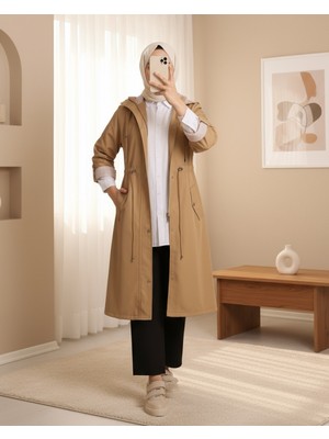 Moda Morfo Astarı Çizgili Trençkot      -Vizon