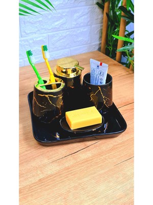 PremiumPort Şık 5 Parça Porselen Banyo Seti Siyah, Zarif ve Kullanışlı Tasarım