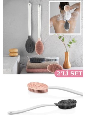 PremiumPort Çift Taraflı Uzun Saplı Vücut Masaj Fırçası Seti, Füme ve Pembe