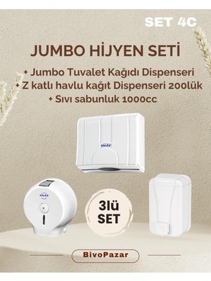 PremiumPort 3’lü Jumbo Hijyen Seti Beyaz: Sabunluk, Tuvalet Kağıdı ve Havlu Dispenseri