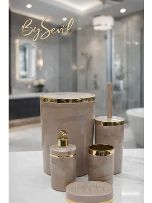 PremiumPort Mermer Desenli Akrilik Yuvarlak 5 Parça Banyo Seti, Şık ve Modern Tarz