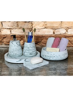 PremiumPort Şık ve Modern Mermer Temalı 5 Parçalı Beton Banyo Aksesuar Seti