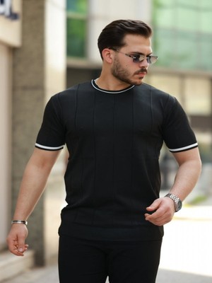 Efnaz Style Erkek Bisiklet Yaka Çizgi Desenli Ribanalı Kısa Kollu Tshirt