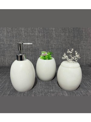 PremiumPort Şık Beyaz Mermer Oval Banyo Seti 3'lü, Zarif ve Modern Tasarım