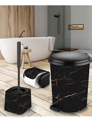 PremiumPort Granite Desenli Banyo Seti, 7 Lt Çöp Kovası, Tuvalet Fırçası ve Kağıtlığı