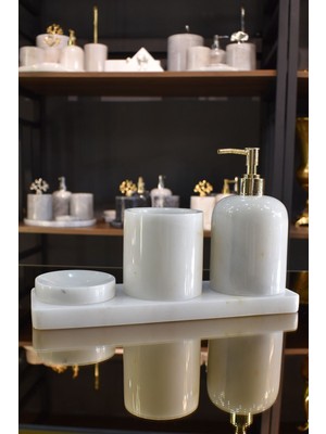 PremiumPort Şık Beyaz Mermer 4'lü Banyo Takımı Gold Detaylı