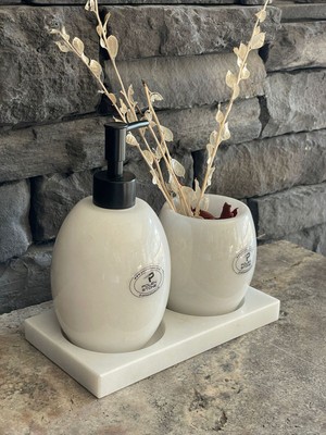 PremiumPort Beyaz Mermer Oval 3'lü Banyo Seti, Şık ve Modern Tasarım